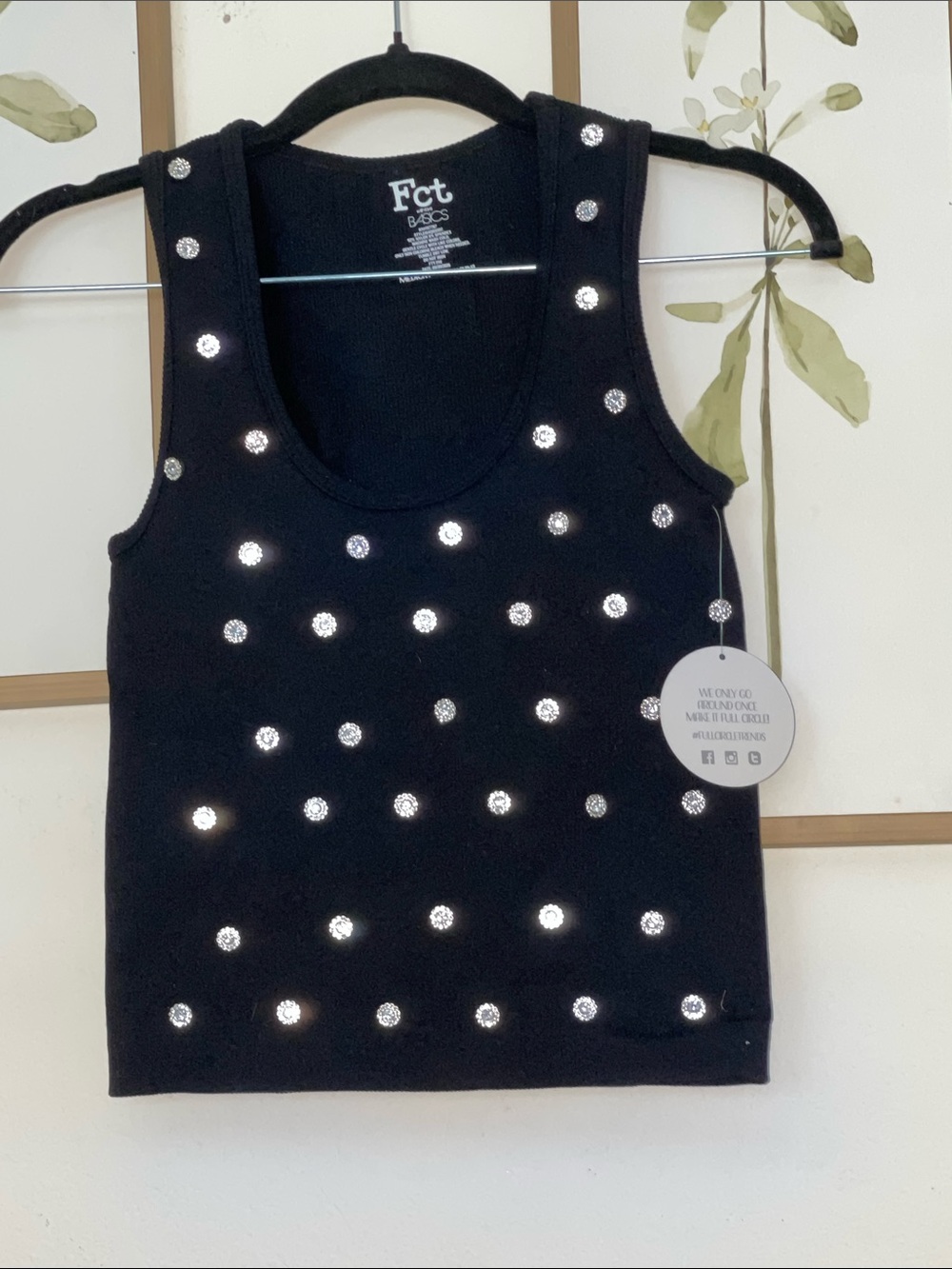 FCT Black Embellished Tank Top with Rhinestone Dots